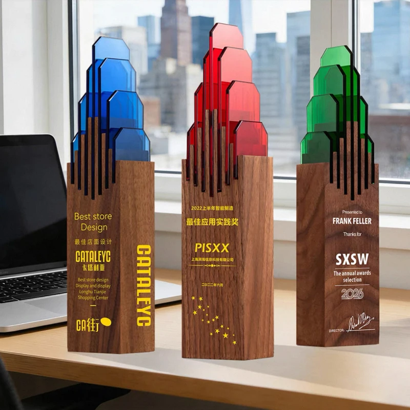 Customized Personalized Glass Wood Trophy, Annual Meeting Excellence Excellent Employee, For Recognition Competition Awards, 1Pc