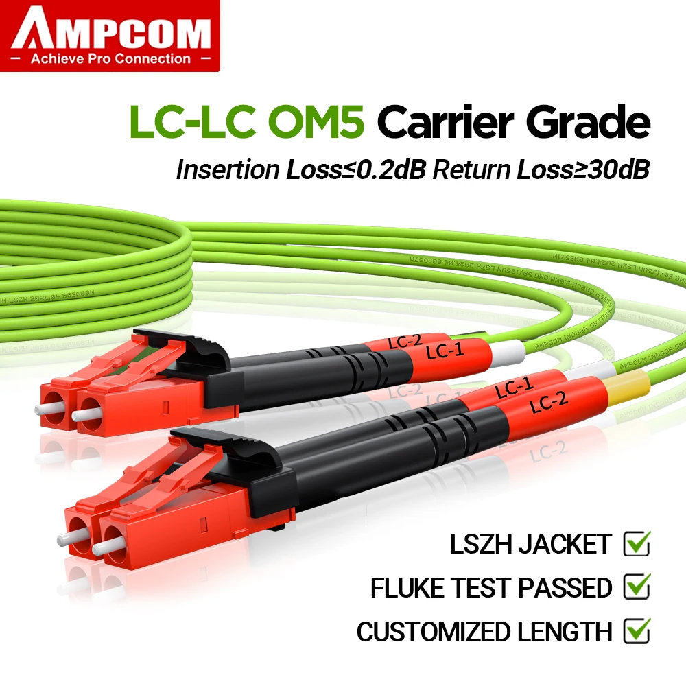 AMPCOM LC to LC UPC OM5 Fiber Optic Patch Cable 100G Multi Mode Duplex, 50/125μm, OD 2.0mm, LSZH OFNR, 1-100 Meters