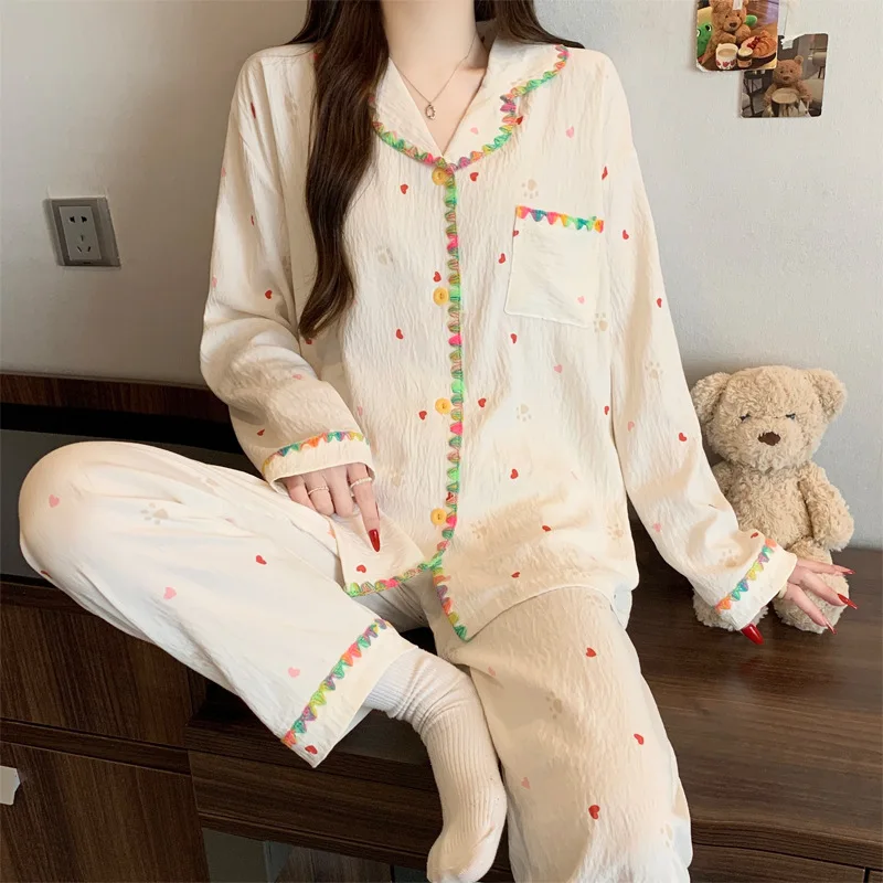 

Spring New Women's Long Sleeved Pajama Home Clothes Set Color Blocked Love Loose Long Sleeved Pants Home Clothes Two Piece Set