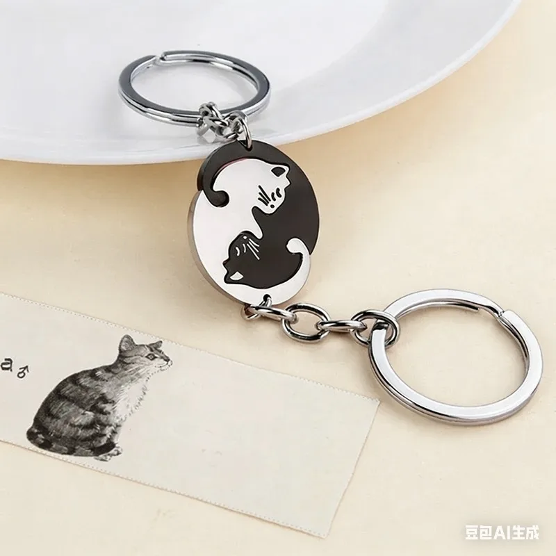 Cute Hug Cat Keychain Creative Patchwork Heart Round Keyring Couple Lovers Key Chains Bag Pendant Car Keyholder Accessories Gift image 4