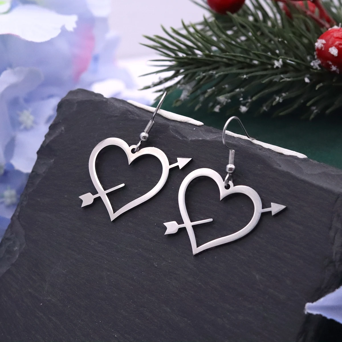 Kinitial Stainless Steel Cupid Arrow Through Heart Drop Hook Earrings Romantic Love Dangle Earring Women Valentine’s Day Jewelry