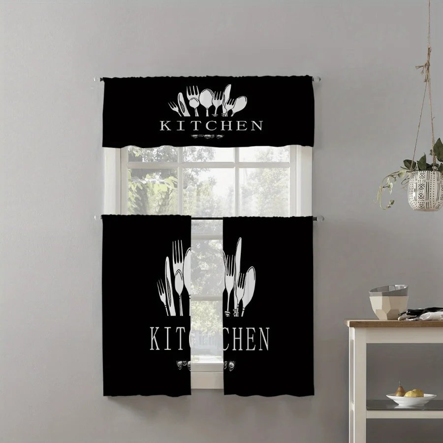 Minimalist Kitchen Curtains, Black Utensil Fork Spoon, Digital Print, Kitchen Dining Room, Rod Pocket Polyester, Home Decor