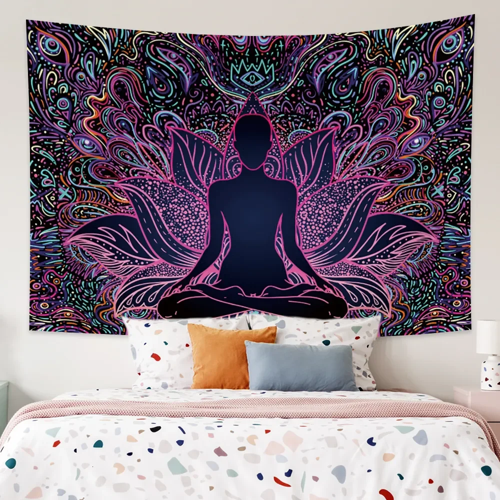 Tapestries Tapestry Indian Buddha Meditation Seven Chakra Psychedelic Lotus Eye Bohemian Mandala Wall Hanging Blanket Home Decor