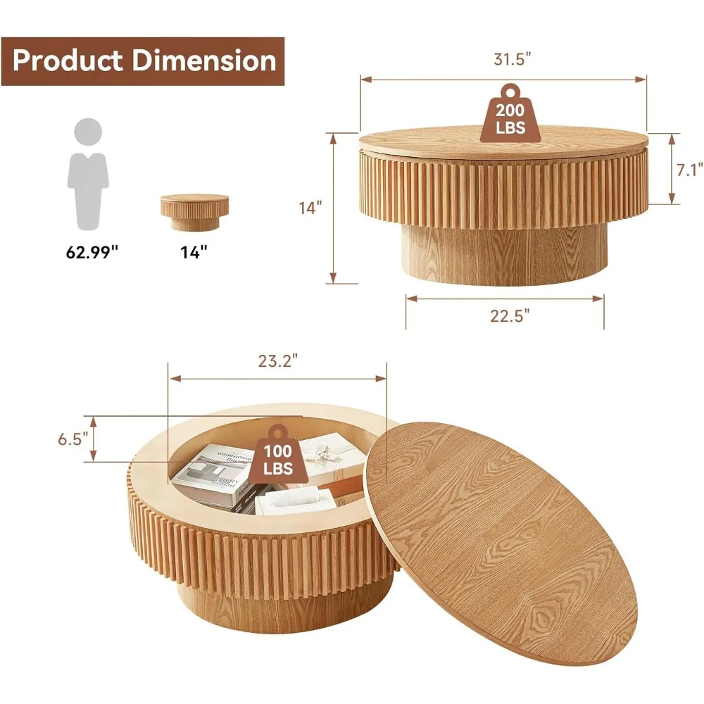 طاولة قهوة مستديرة، طاولة قهوة على شكل طبل مع وظيفة تخزين، طاولة قهوة مستديرة حديثة من الخشب الصلب