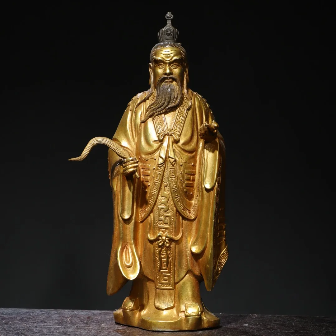 

15"Tibetan Temple Collection Old Bronze Gilded Cinnabar Lord Lao Zi immortal Laotse Taoism Ancestor Standing like Worship Hall