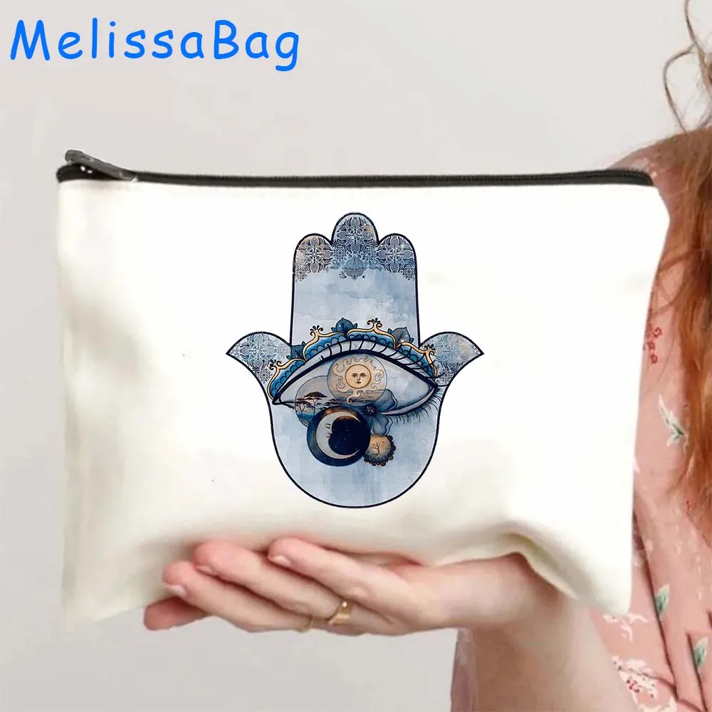 Greek Turkish Colorful Nazar Blue Evil Eye Hamsa Hand Girl Amulet GREECE Canvas Bag Cosmetic Makeup Bag Pencil Case Zipper Pouch