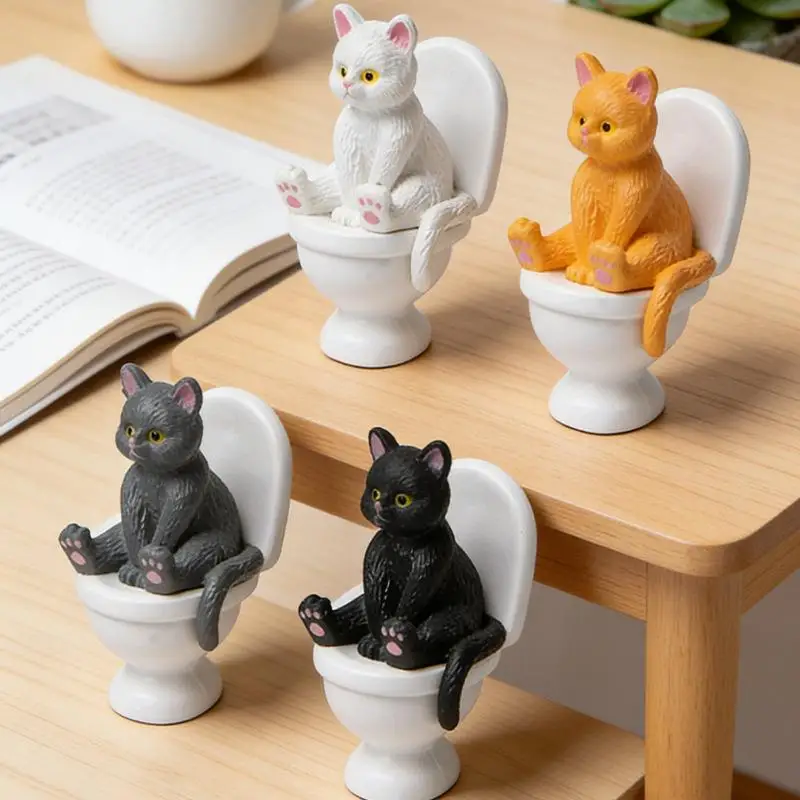 New Cute Cat Sitting On Toilet Figurine Mini Resin Kitten Doll Statue Funny Desktop Miniature Ornament Home Bathroom Decor Craft