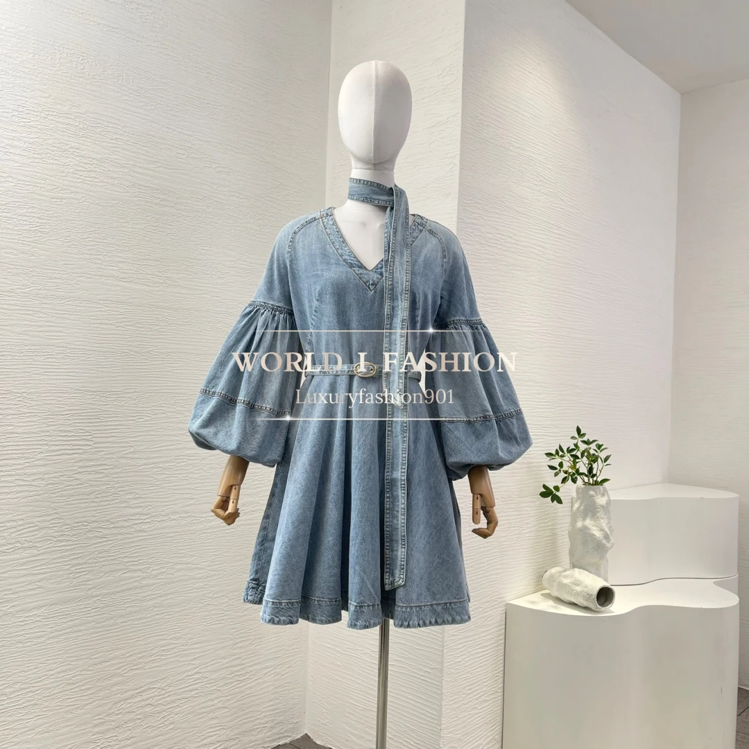 

High Quality 2025 New Collection Blue Denim Jeans Long Sleeve V Neck Pleat Mini Cotton Dress with Self Bow Tie At Neck