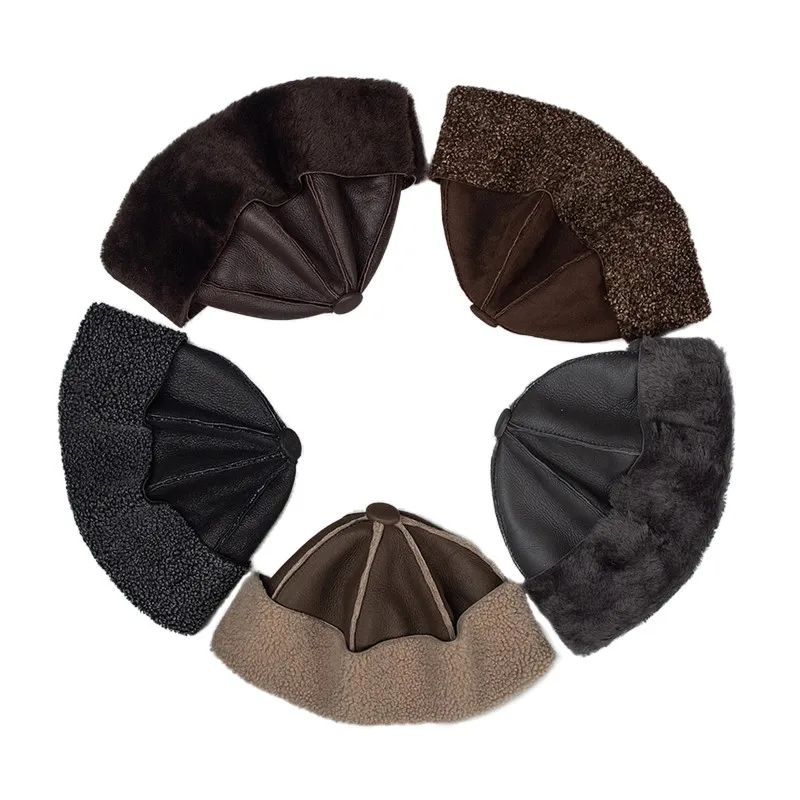 Men\'s Real Fur Winter Warm Shearing Pelage Earmuff Beanies Beret Round Hat Brimless Caps/Hats