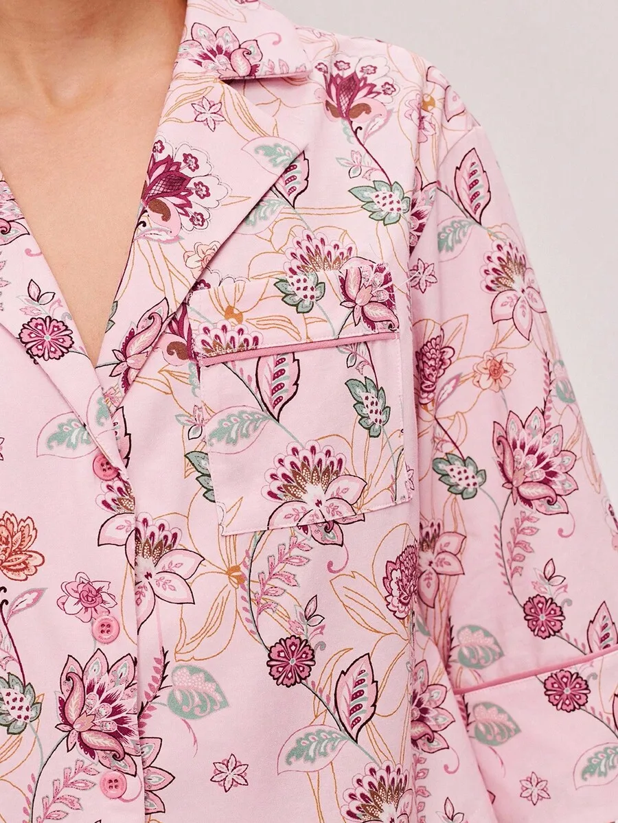 

Soft Pink Cotton Floral Print Button-Up Sleep Top With Pockets For Women