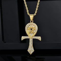 YILUOCD CZ Eye of Horus Pendant Necklace for Men Ancient Egypt Ankh Cross Necklace Amulet Protection Religious Jewelry