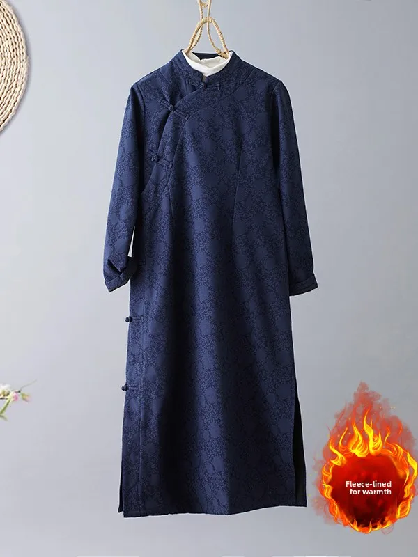 새로운 중국 스타일 개선된 치파오 드레스 여성 플러스 사이즈 가을 겨울 안감 있는 꽃 자수 고급 의류