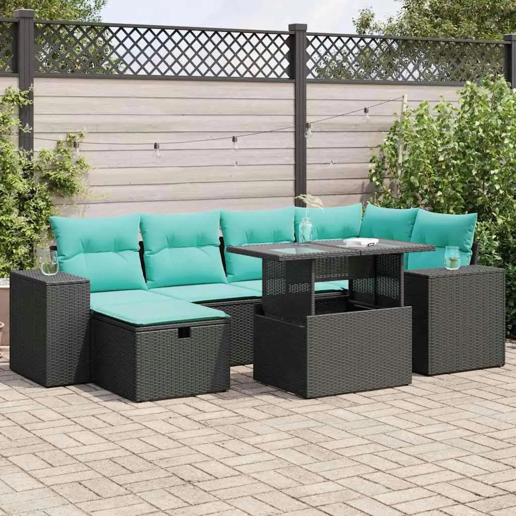 

7 Piece Outdoor Patio Sofa Set with Cushions Gray Poly Rattan and Acacia Furniture