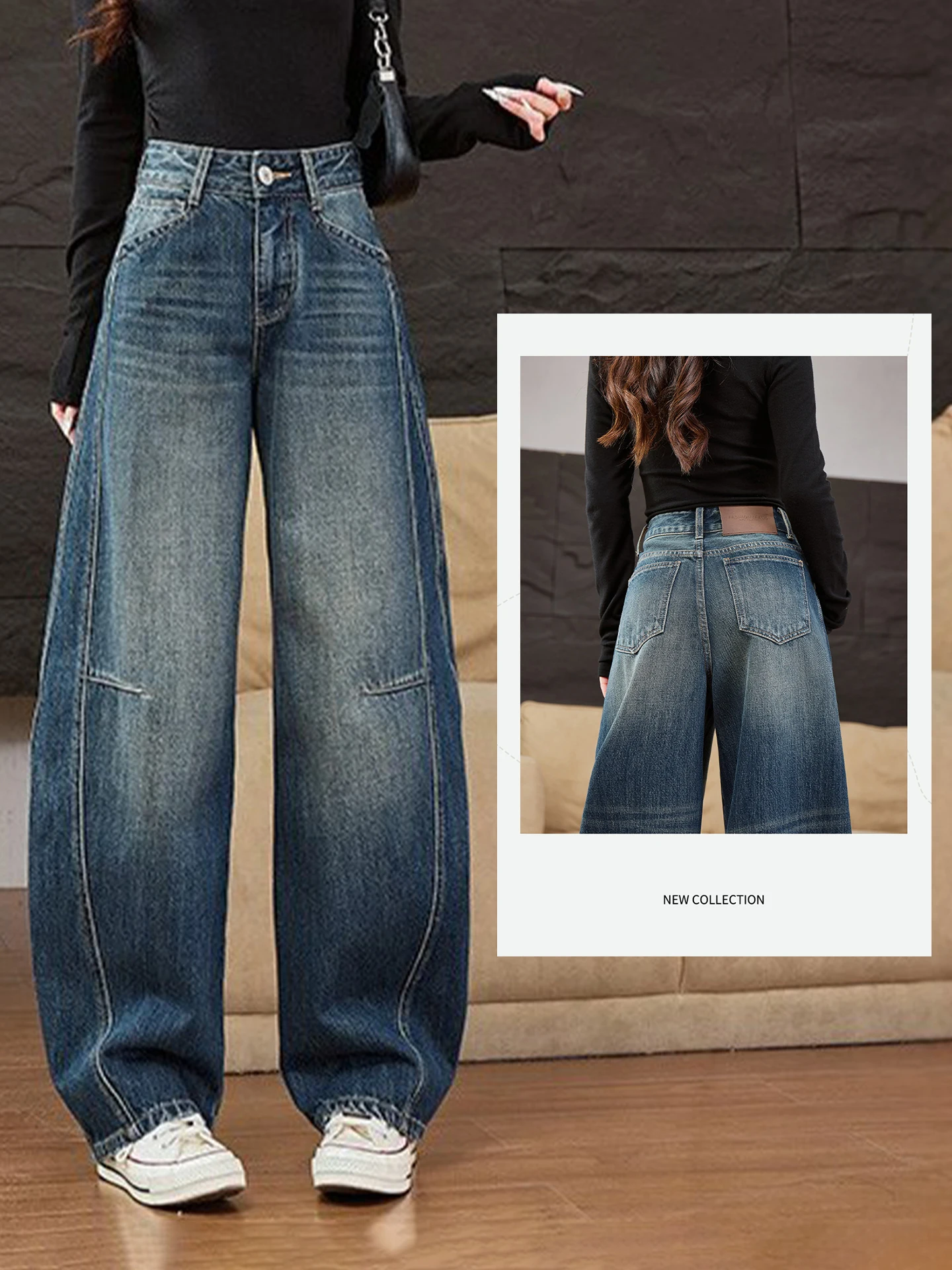 

High Waist Wide Leg Knife Denim Jeans Women's Spring Autumn New Retro Slimming Casual Style Casual Scenic Shopping