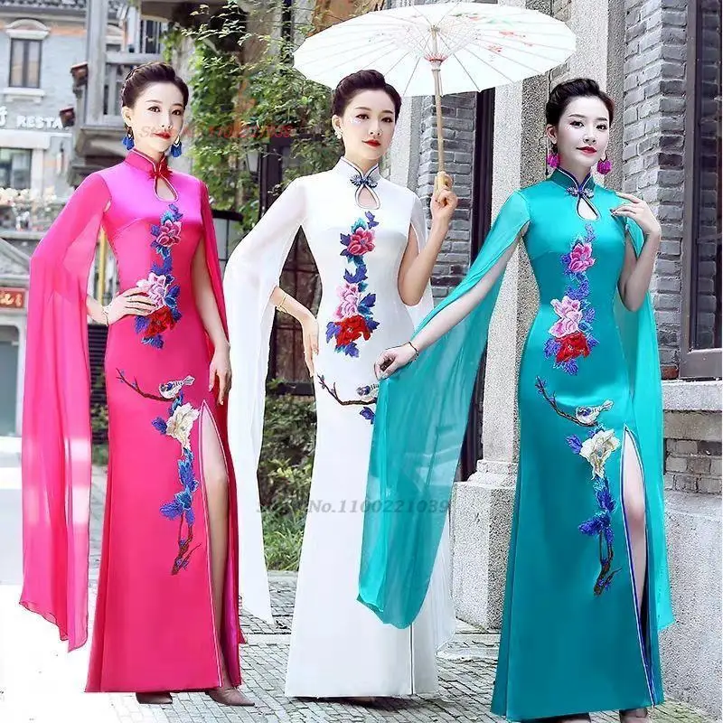 

2024 chinese vintage dress improved qipao national flower embroidery cheongsam dress vestido oriental banquet evening dress