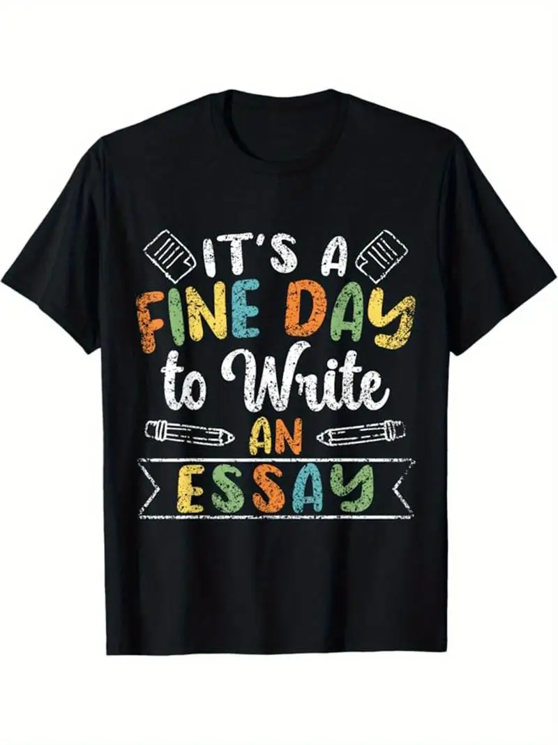 Men's Funny Teacher T-Shirt - It's A Fine Day To Write An Essay Saying With Chalk Graphic - Relaxed Fit Crew Neck Tee Gift Idea