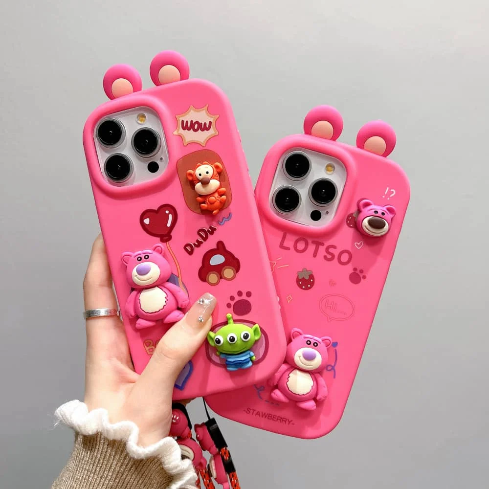 Cute Cartoon Anime Toy Story Role Lotso Phone Case for Iphone 11 12 13 14 15 Pro Max Soft Anti-fall Protect Cover with Lanyard