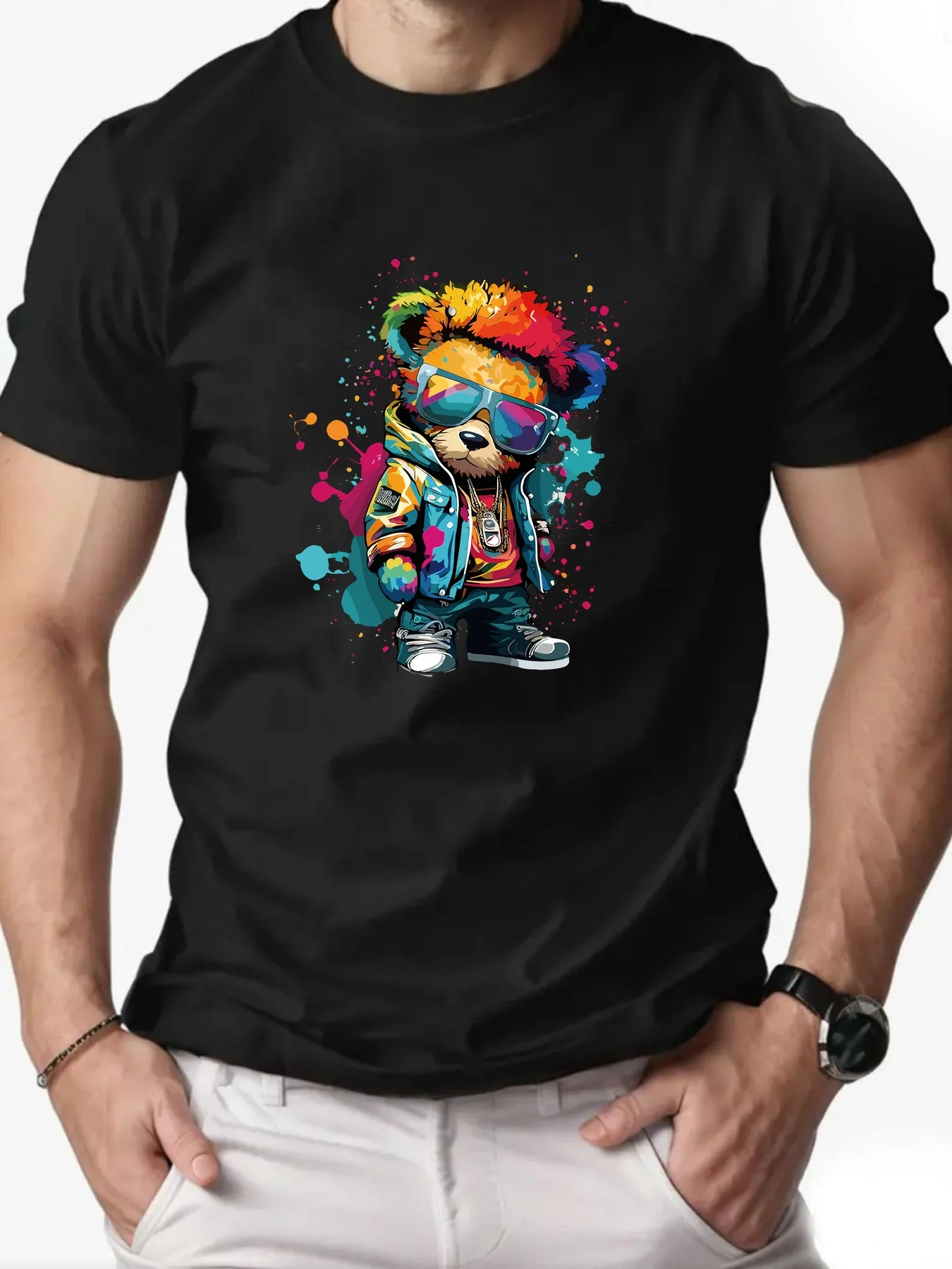 2026 New Arrival: Colorful Cartoon Bear Short-Sleeve T-Shirt Men's Summer Round-Neck Fashionable Casual Short-Sleeve Top