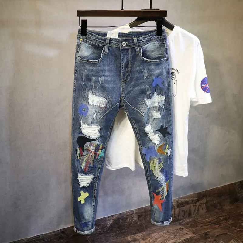 Street Designer Fashion Men Jeans Retro Washed Blue Patched Ripped Jeans Men Embroidery Stretch Slim Vintage Denim Pencil Pants