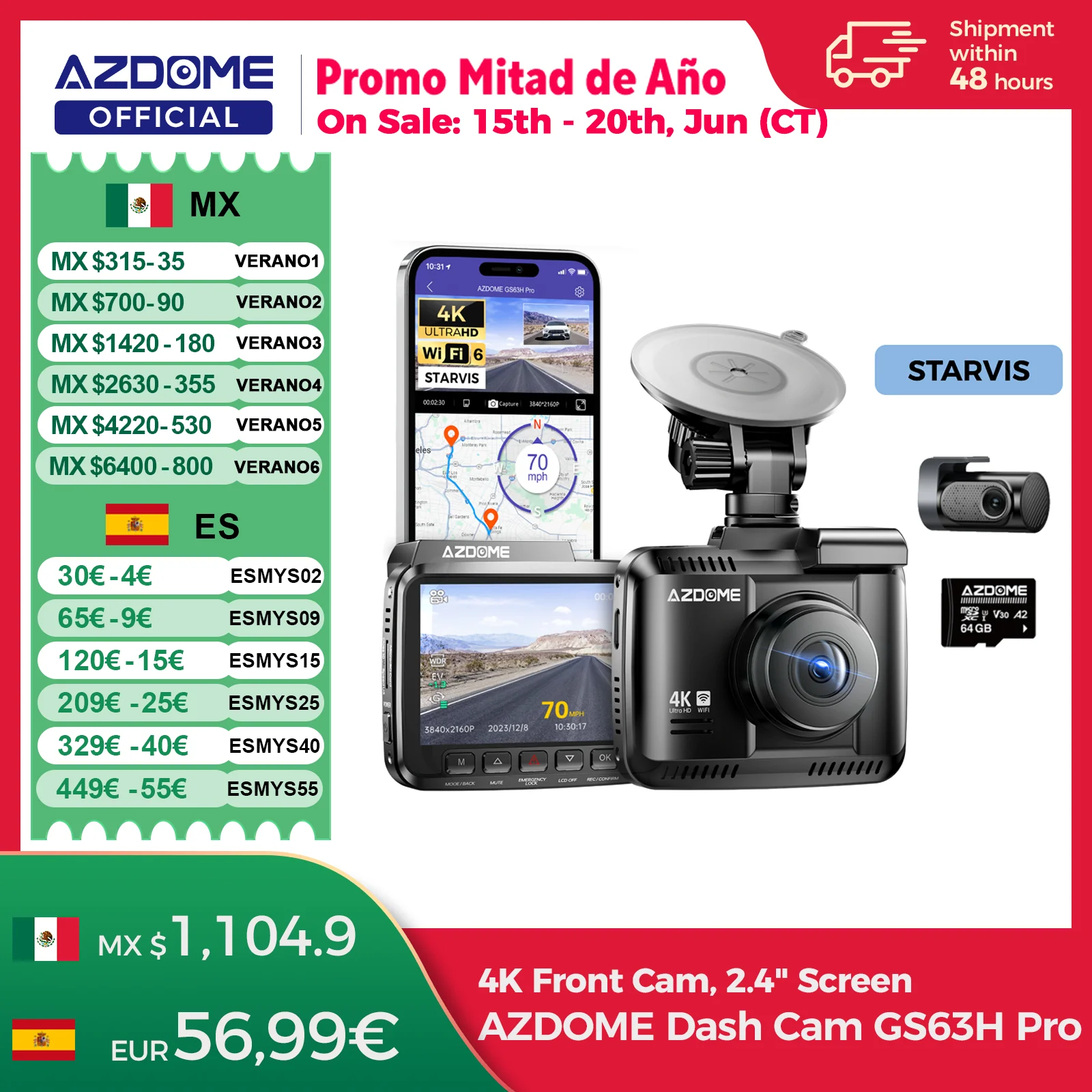 AZDOME Dash Cam GS63H Pro 4K+1080P Pantalla IPS de 2,4" 150 ° FOV incorporado ADAS WiFi 6 GPS coche DVR G-Sensor 24H Monitor de estacionamiento Camare
