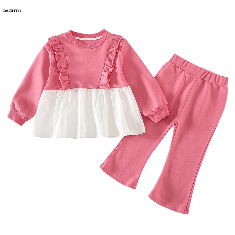 

OASHTH Spring and autumn new girls suits children's baby round neck sweater flared pants two-piece set