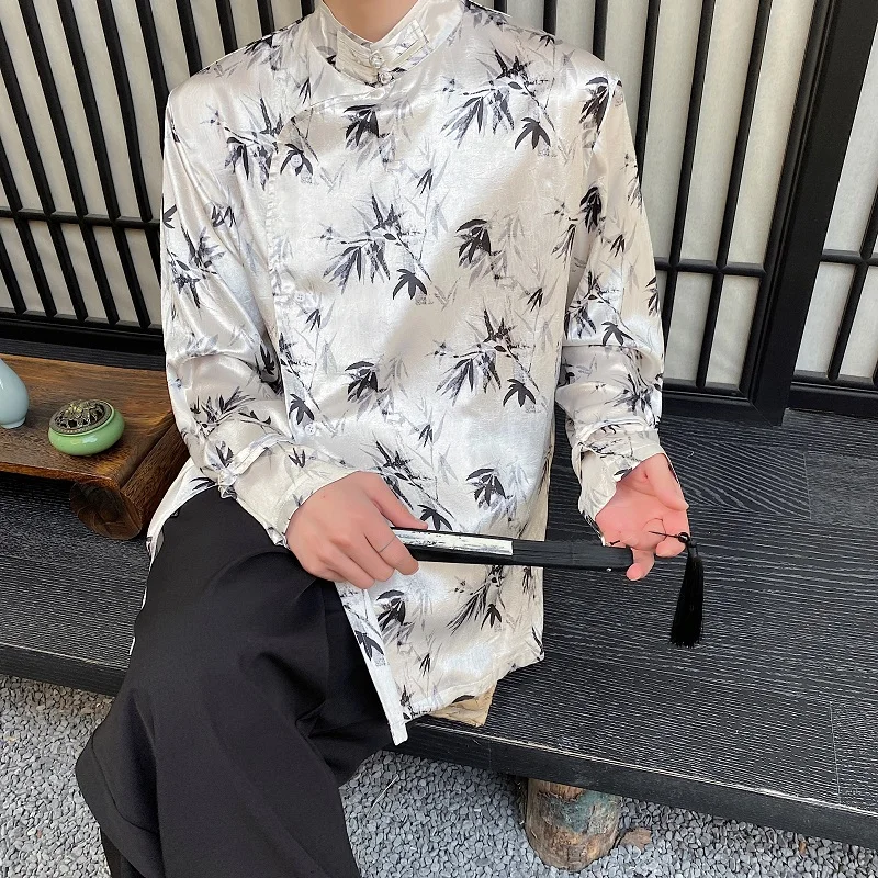 

Новый китайский Sle Ancient Zen Sense Silk Satin irt, мужской топ с высоким воротником и пуговицами, свободный крой, длинный све, топ с цветочным принтом