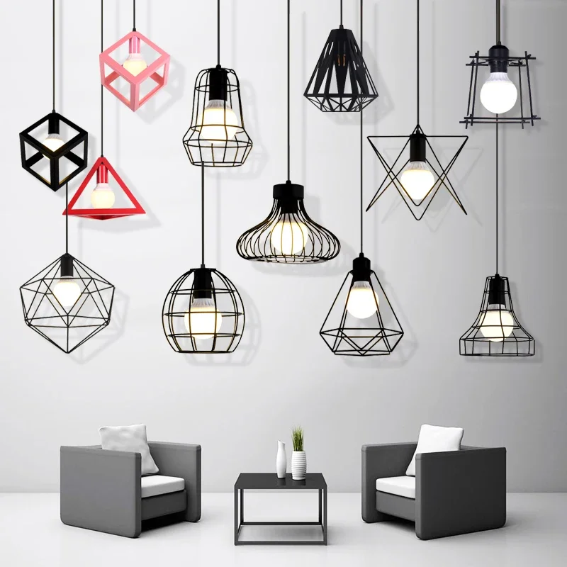 Retro Industrial Black Pendant Lamp Geometric Modeling Iron Lampshade Restaurant Hanging Lamp Creative Corridor Light Fixture