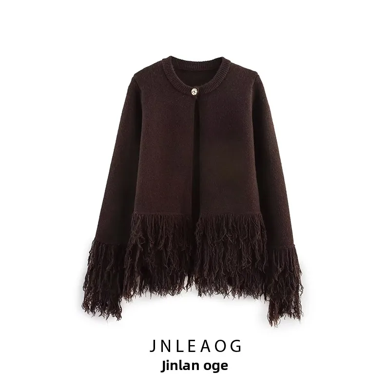 

JNLEAOG Autumn New Women's Knitted Coat Tassel Design European Sle Polyester Fiber Open Cardigan Faion Sensation