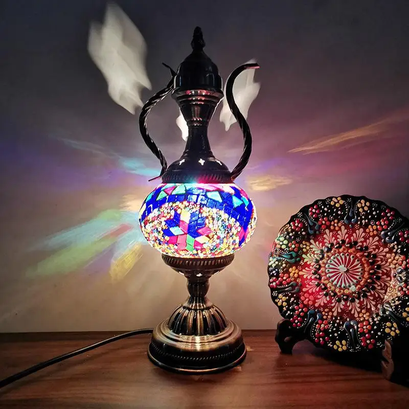 Turkish Antique Glass Table Lamp Coffee Pot Night Light Bedside Desk Lamp Decoration Lightings For Bedroom Deco Home