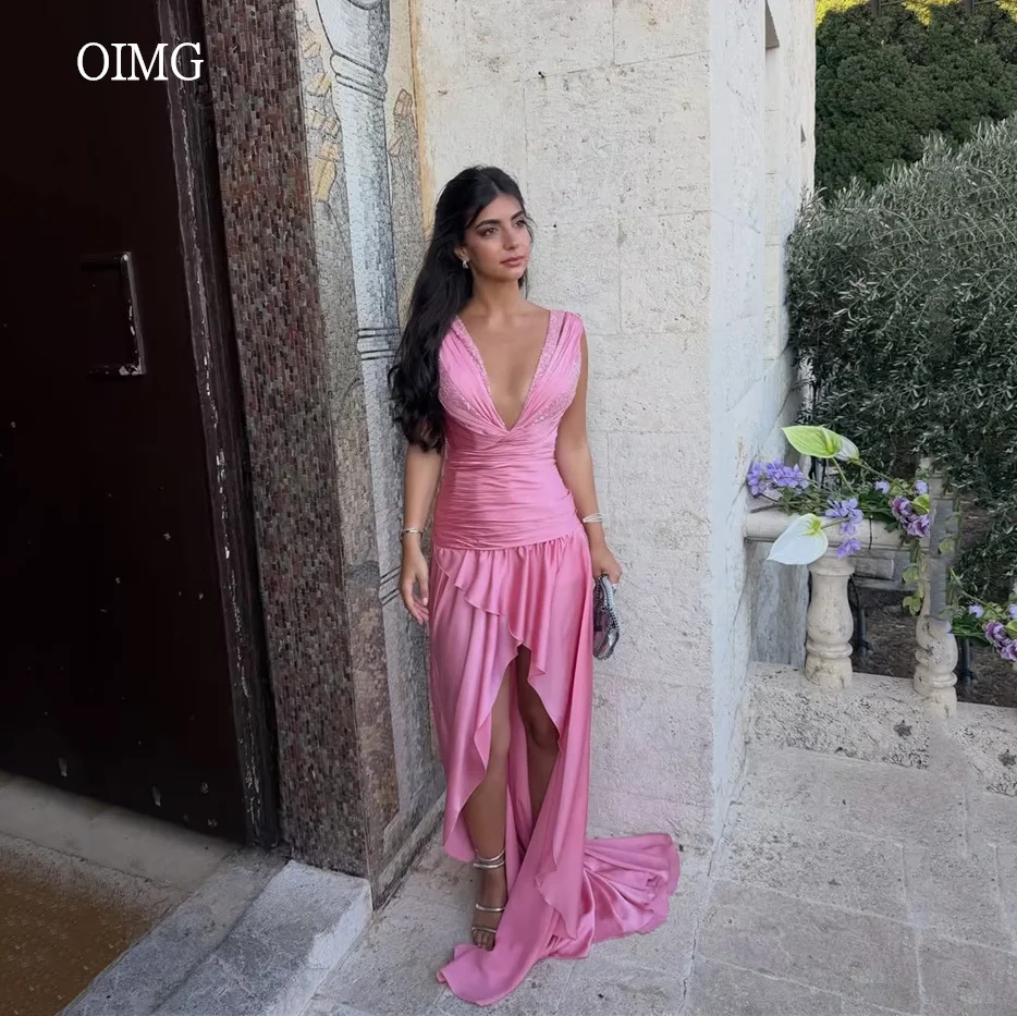 OIMG Graceful Pink Beaded Strap High/Low Prom Gowns V Neck Party Gown Side Slit Evening Dress vestidos de gala Customized