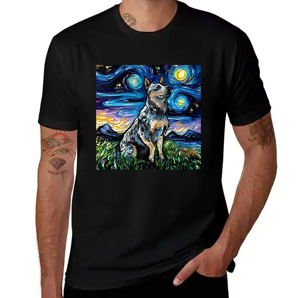 Men's 100% Cotton T-Shirt, Van Gogh Starry Night Style Australian Cattle Dog Graphic Tee, Casual Short Sleeve Top