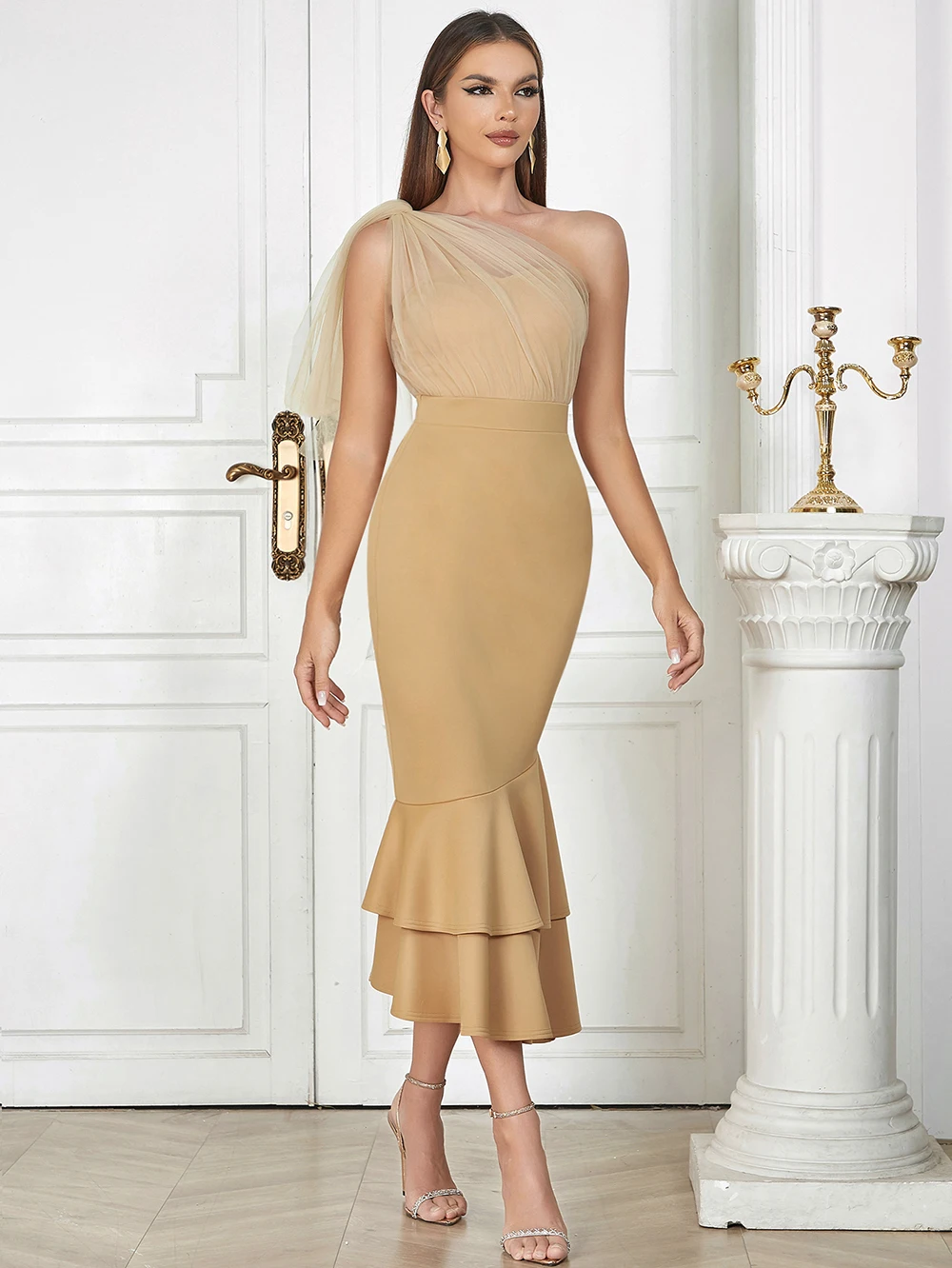 

Lace One-Shoulder Dress in Mustard Yellow - Elegant and Stylish Women's Midi Dress for Special Occasions