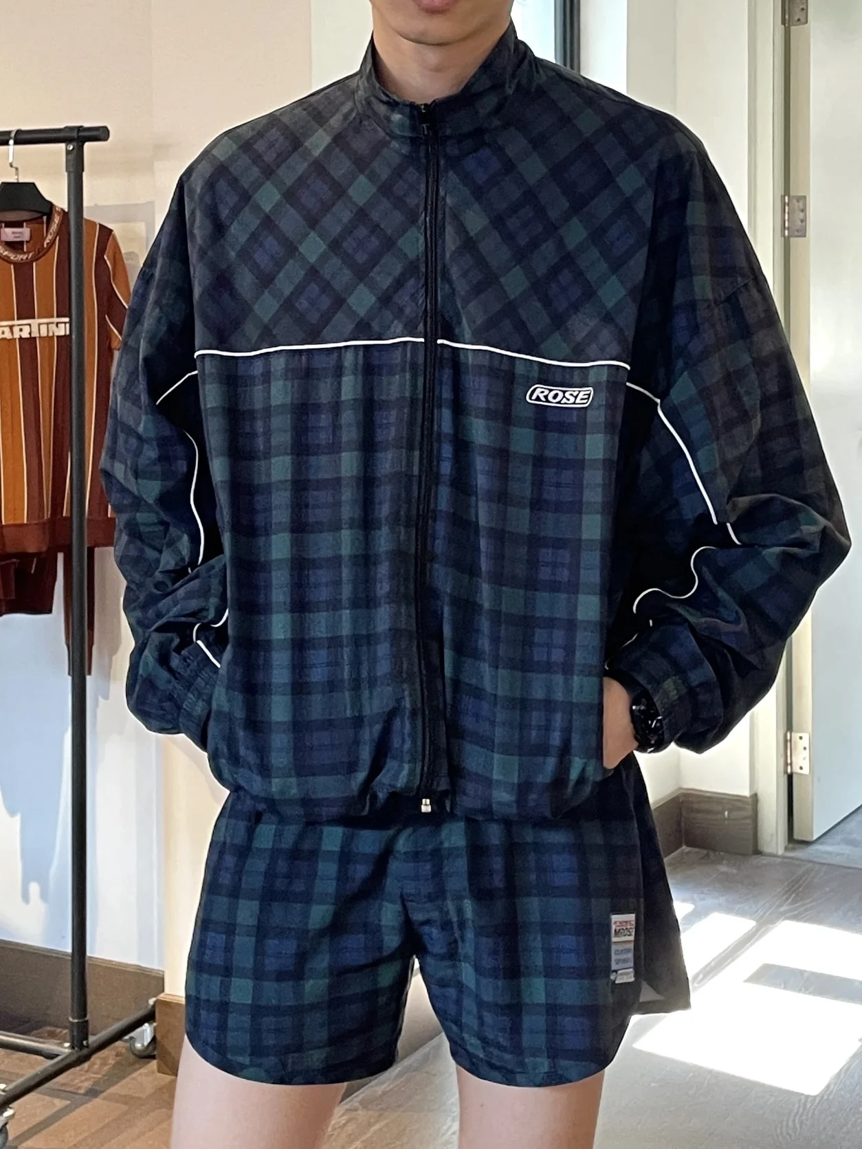 

e Rose 25SS ex Светоотражающая молния Jaet Color Blo Plaid Logo Мужская верхняя одежда Long Sve Повседневное свободное пальто