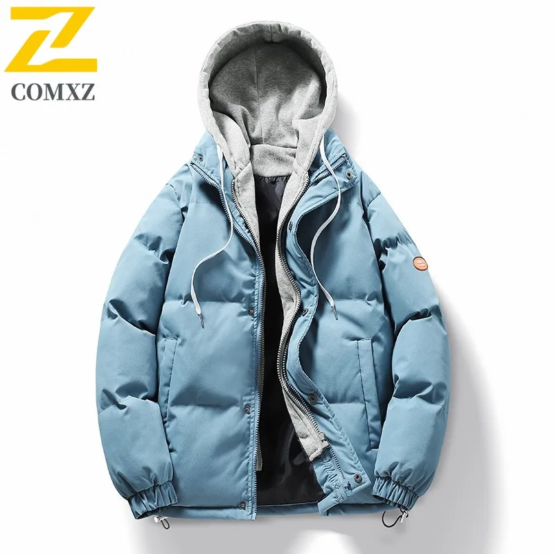 COMXZ 2025 الرجال وهمية قطعتين مقنعين صوف مبطن سترة قطن سميكة الشتاء العصرية الدافئة معطف خفيف الوزن