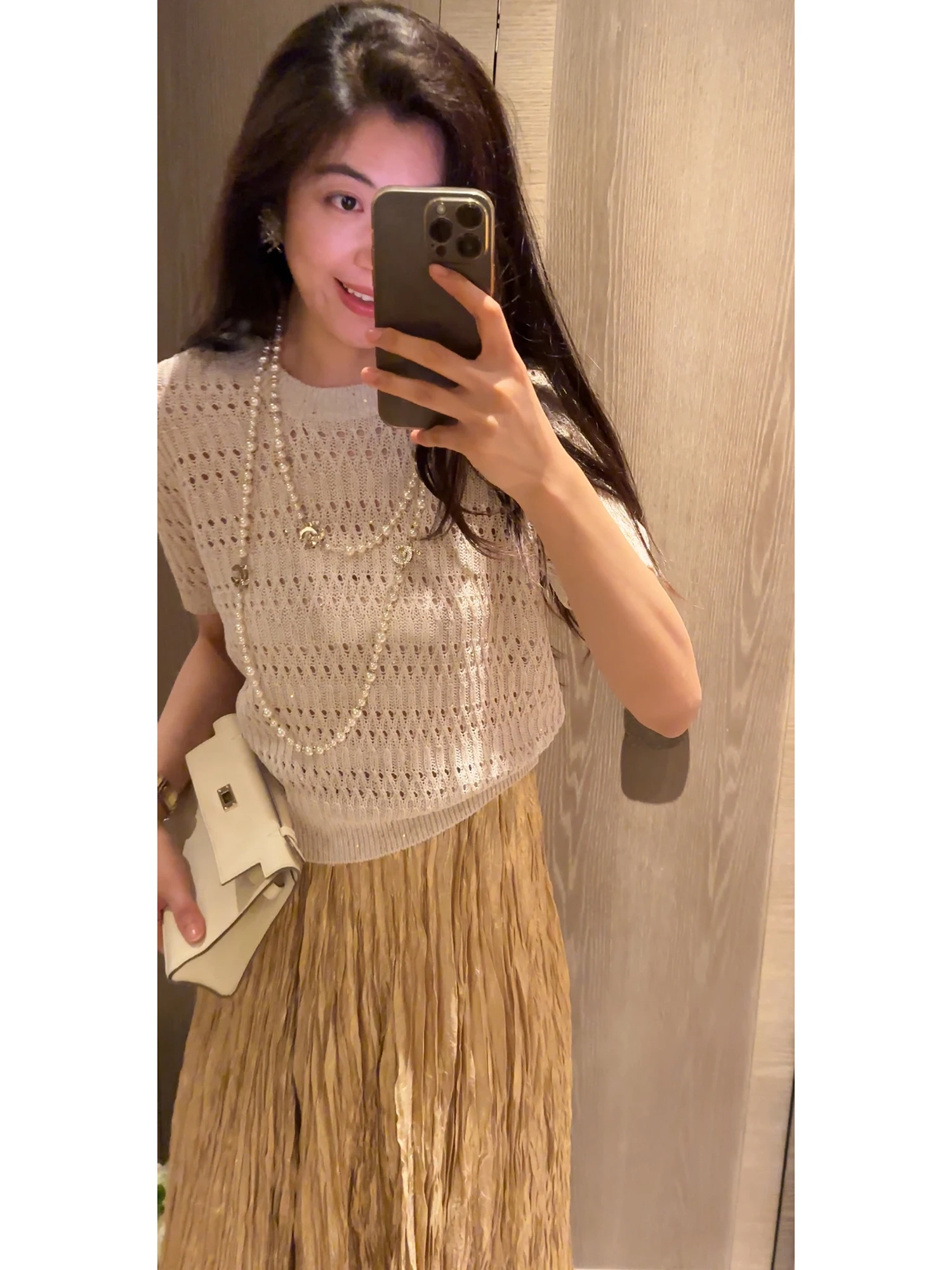 

Nico Spring New Hollow out Knitted Design Women's Crew Neck Sweater Short Style Old Money Style Fashionable Two-Piece Set