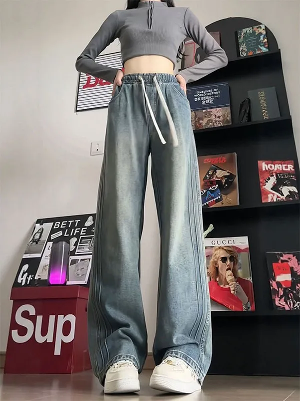 

Retro Blue Elastic Waist Denim Pants Men Women Autumn Loose Bf Lazy Sle American Drape Wide Leg Casual Trousers