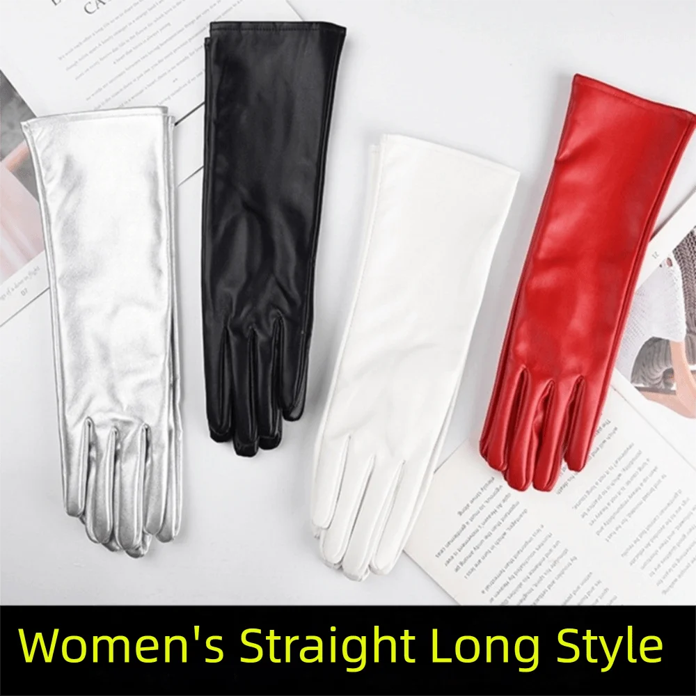 1 Pair 30/40cm PU Leather Gloves Extra Long Solid Color Driving Gloves Soft Straight Style Stage Performance Gloves for Women