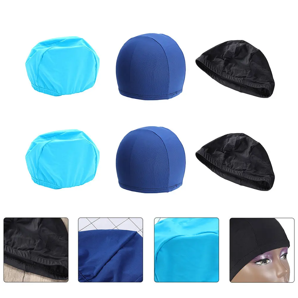 

6 шт. однотонных шапочек для плавания унисекс из высококачественного полиэстера, водонепроницаемые, эластичные, удобные, легкие, износостойкие.