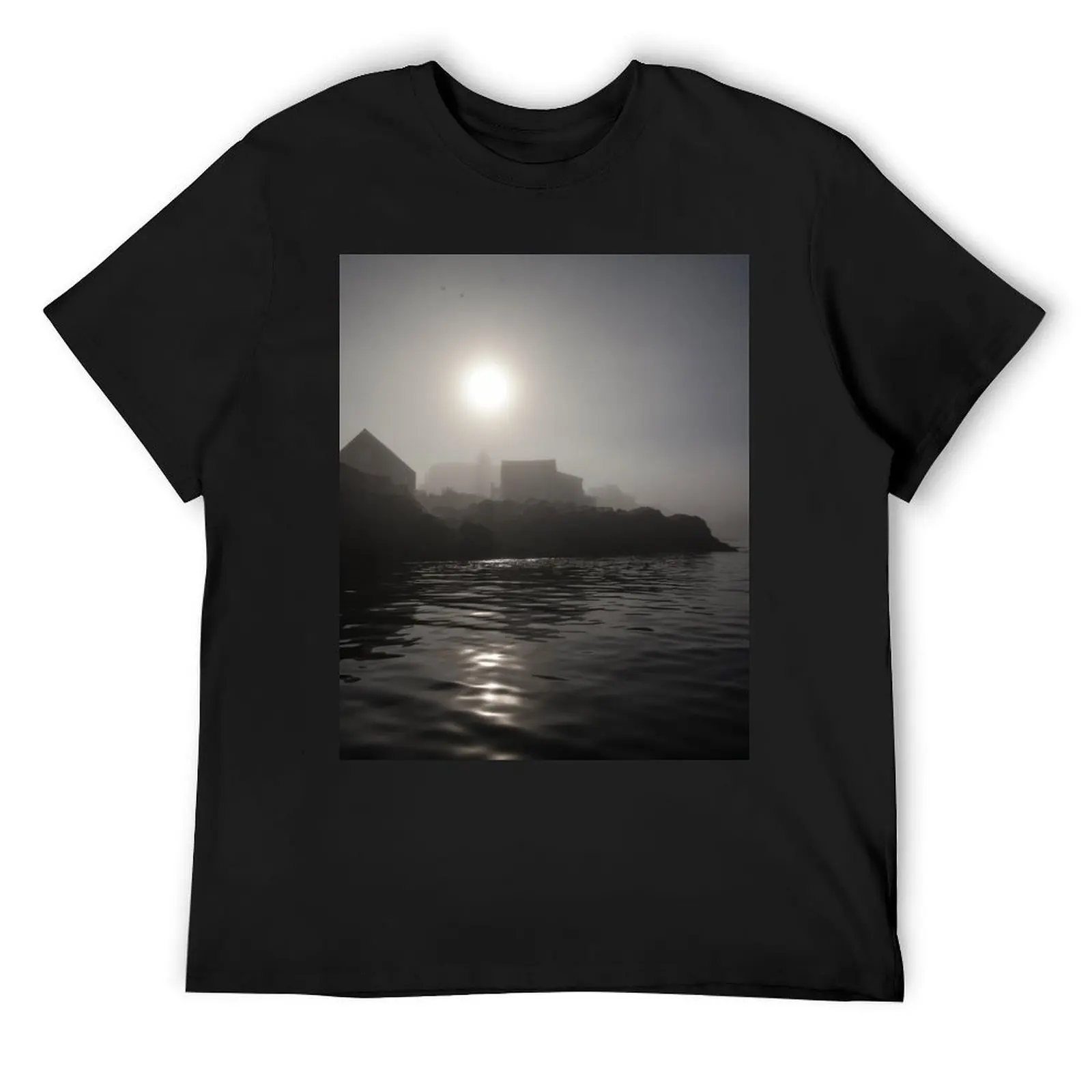 

Foggy harbor sunrise at Monhegan Island Maine T-Shirt T-shirts man cotton graphic tees workout shirts for men