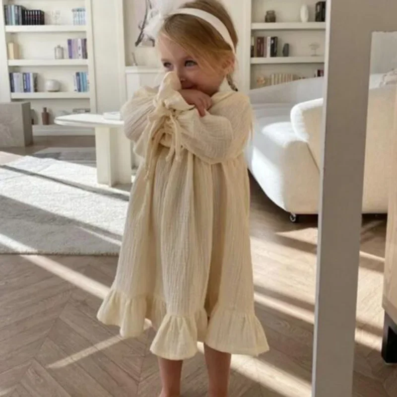 2025 Nuova Primavera 2-6 Anni Baby Girl Birthday Party Dress Abito da principessa per bambini in cotone di lino tinta unita a maniche lunghe