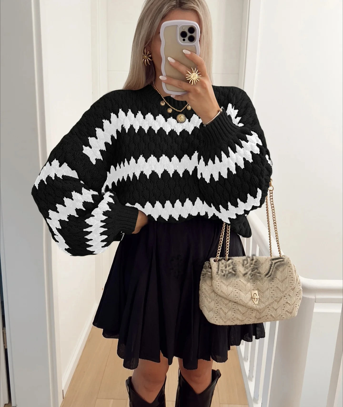 

Trendy Striped Knitted Sweater Women's Long Sleeve round Neck Pullover Thickened Autumn Winter New Arrival