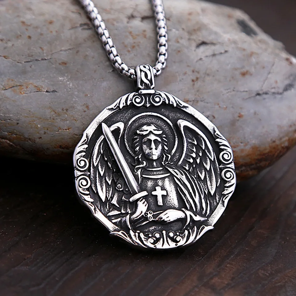 New Vintage Saint Michael Angel Pendant Necklaces Stainless Steel  Punk Motorcycle Amulet Angel Necklace For Men Fashion Jewelry