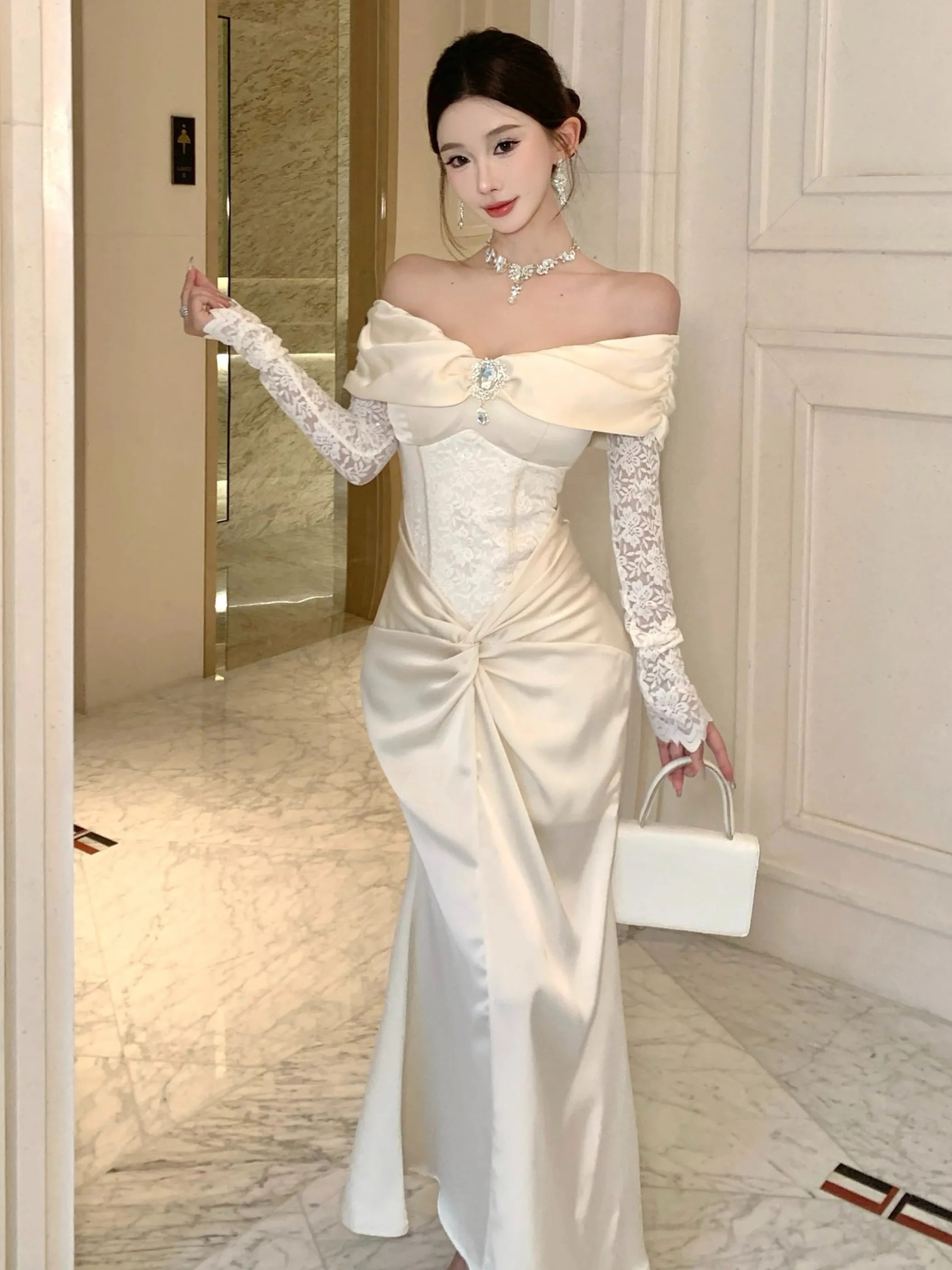 

Ele Satin One-oulder Dr Slimming Waist High Waist Long Sve Autumn Winter Beautiful Ciwalk Par Evening Gown