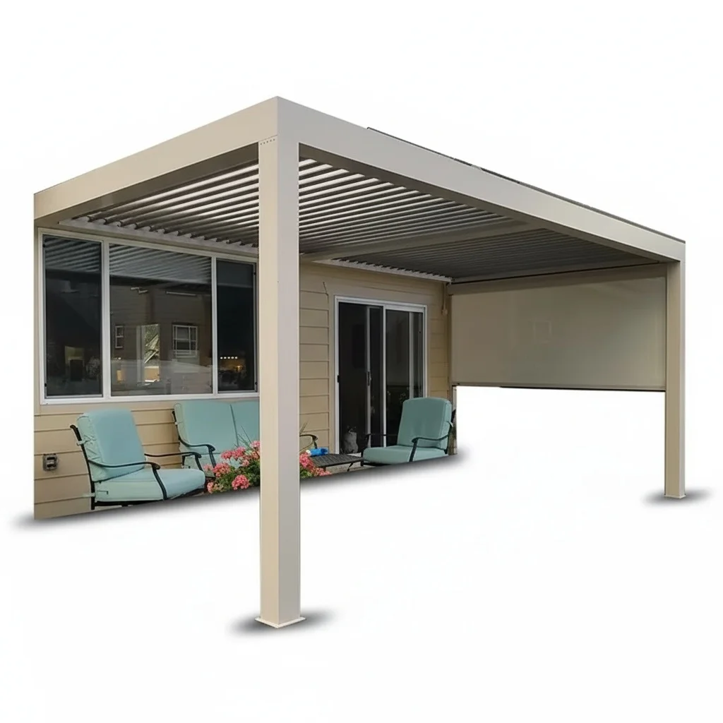 Aluminum Pergola, Wall Mounted Motorized Bioclimatic Louver Roof, Waterproof Garden Shade System, 6063 T5 Terrace Gazebo LED
