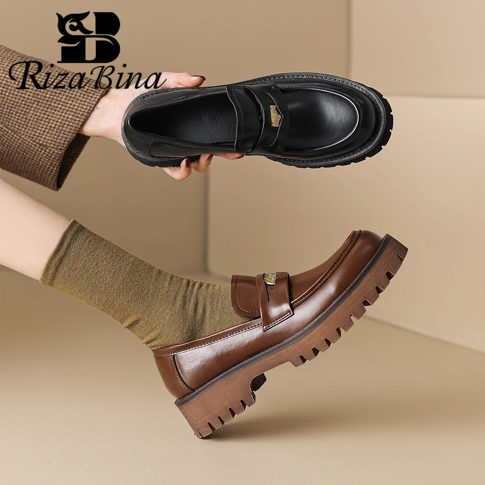 RIZABINA Women Platform Loafers Genuine Leather Round Toe Slip On Spring Penny Flats Female Chunky Heel Casual Shoes Handmade