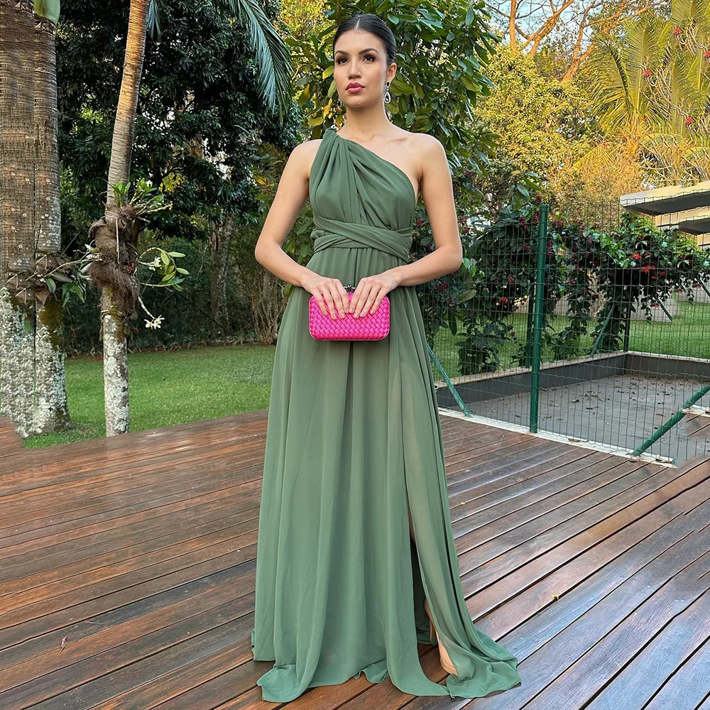 Evening Dresses A-line Backless One Shoulder Sleeveless pleat Prom Gown Temperament Formal Party Dress Vestido De Novia