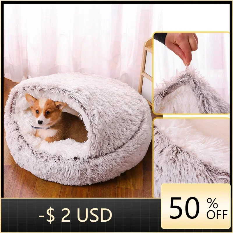 

New Plush Round Cat Bed Pet Mattress Warm, Soft and Comfortable Basket Dog 2-in-1 Small Sleeping Bag Nest