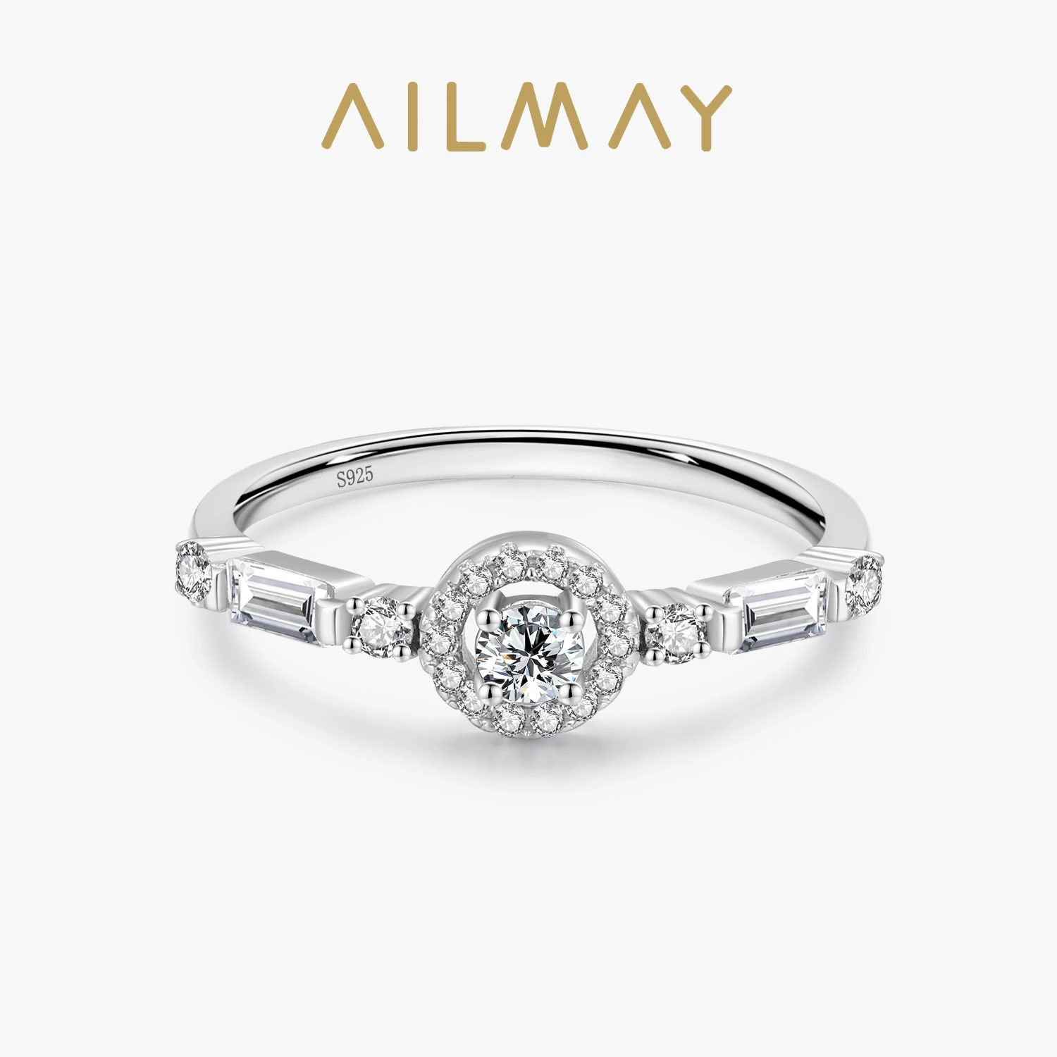 Ailmay New Style Exquisite 925 Sterling Silver Clear Zircon Round Finger Ring For Women Classic Wedding Statement Jewelry