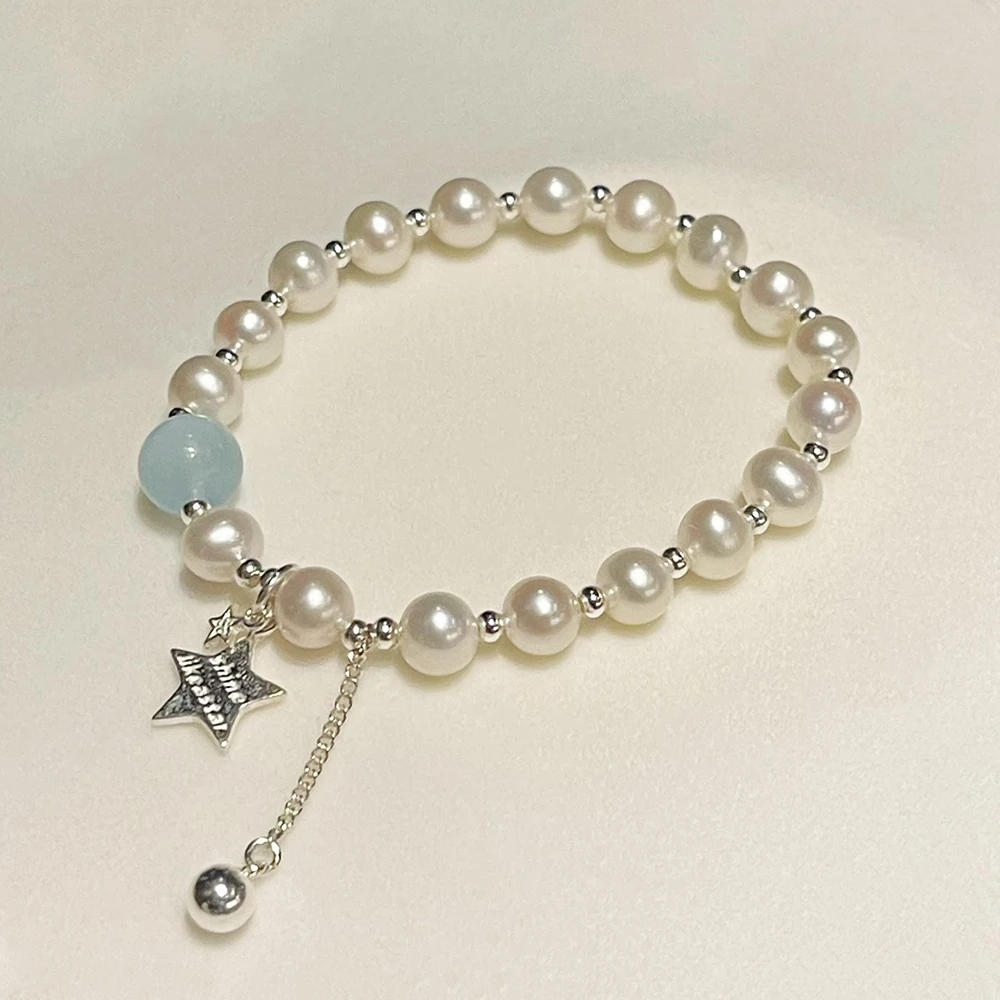 925 Silver Star Pearl Elastic Bracelet with Natural Aquamarine and Real Freshwater Pearls for Girls Easy to Wear Length 17cm
