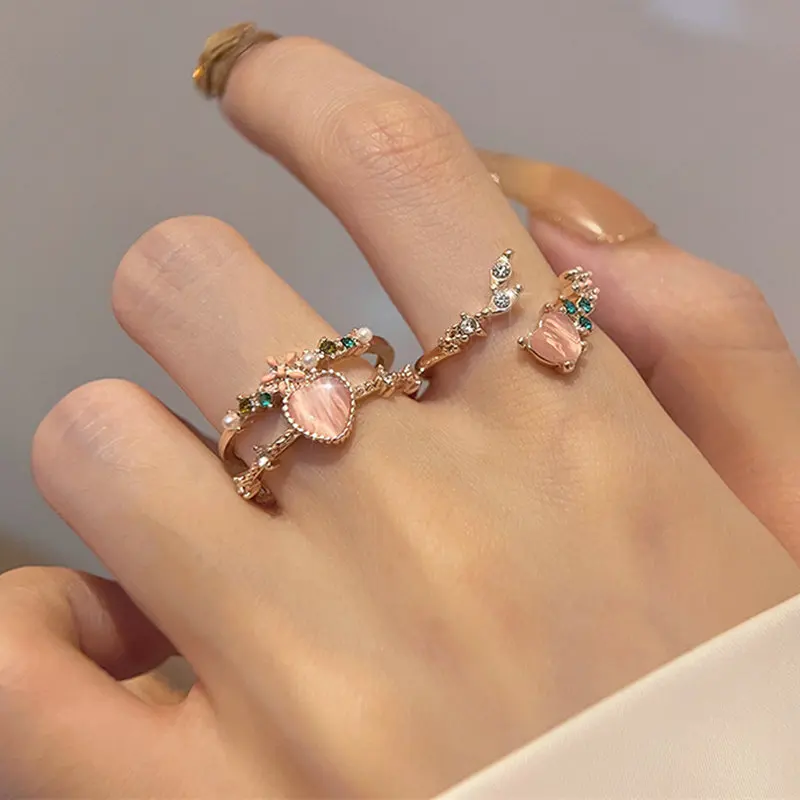 2PCS/Set Korean Fashion Vintage Pink Zircon Love Heart Rings for Women Girls Fashion Romantic Party Rings Jewelry Gift